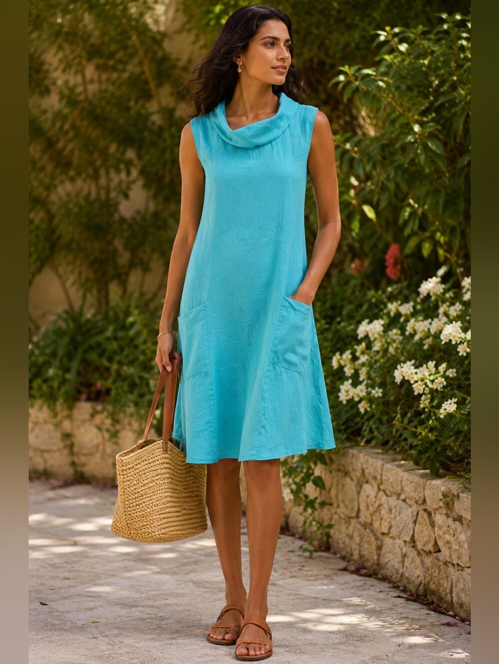 Rosello 100% Linen Roll Neck Pocketed Dress Sz M-L  LIKE New  Teal Green/Blue